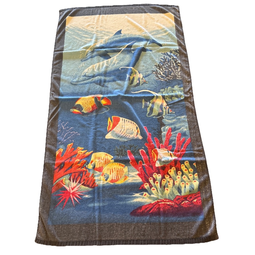 VTG Dolphin Coral‎ Reef Ocean Beach Towel 90s Y2K Faded